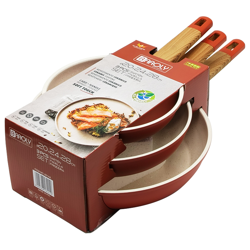 SET 3 POELES 28 / 24 / 20 CM COULEURS MIX VERT / ROUGE / MARRON