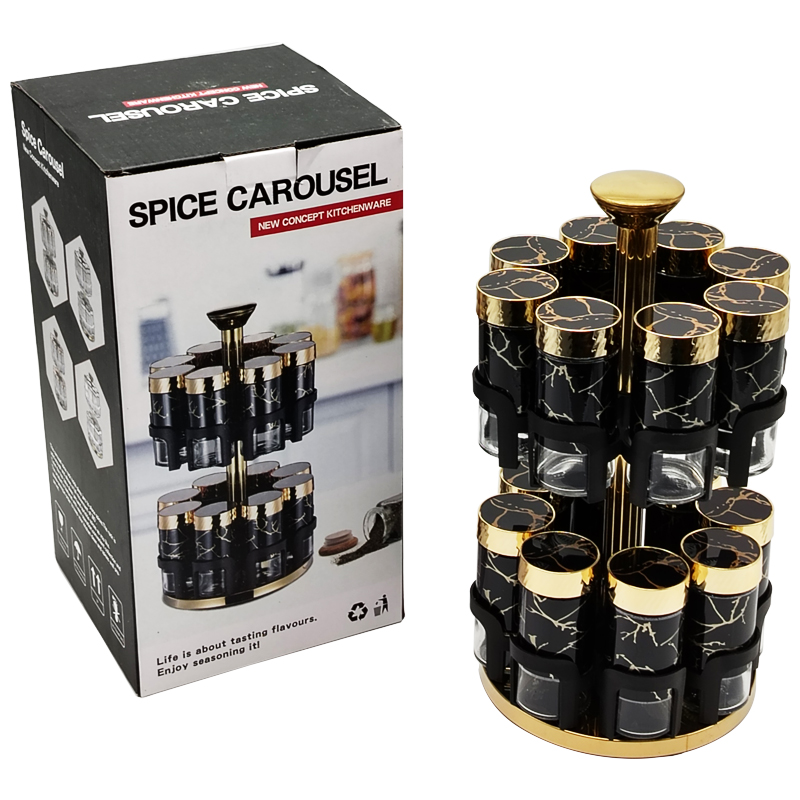 SET 16 POT EPICE VERRE AVEC SUPPORT 32X16 CM COULEURS MIX NOIR / BLANC