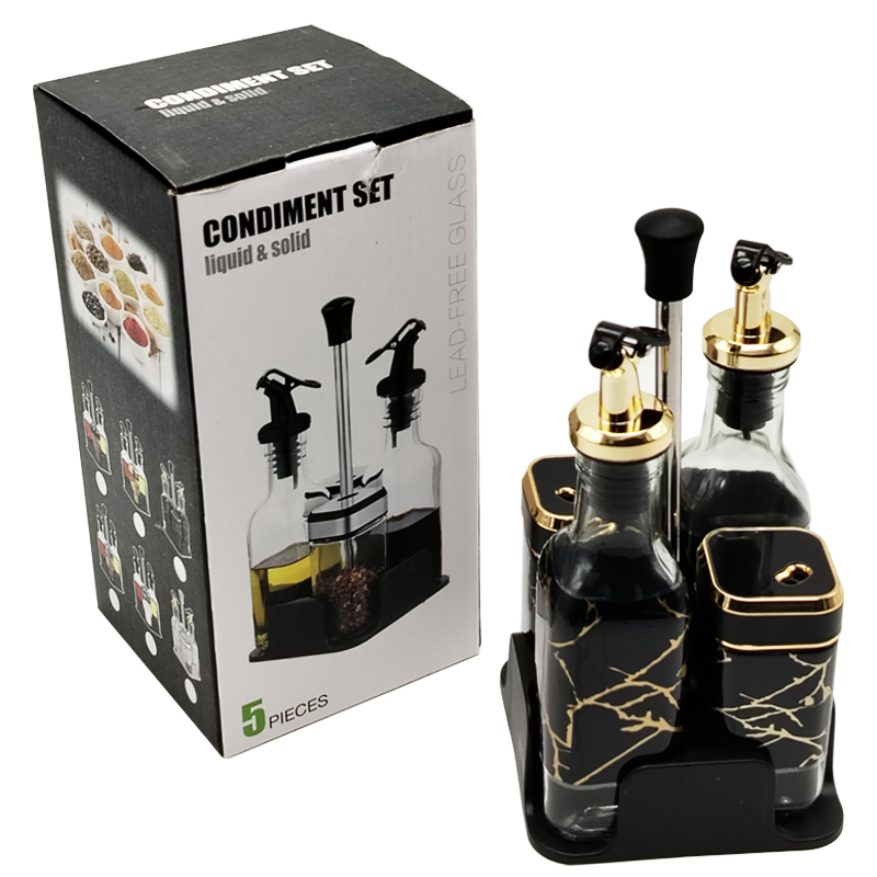 SET 4 PIECES : 2 POTS EPICES + 2 BOUTEILLES HUILE AVEC SUPPORT 24X11 CM MIX COULEURS NOIR / BLANC
