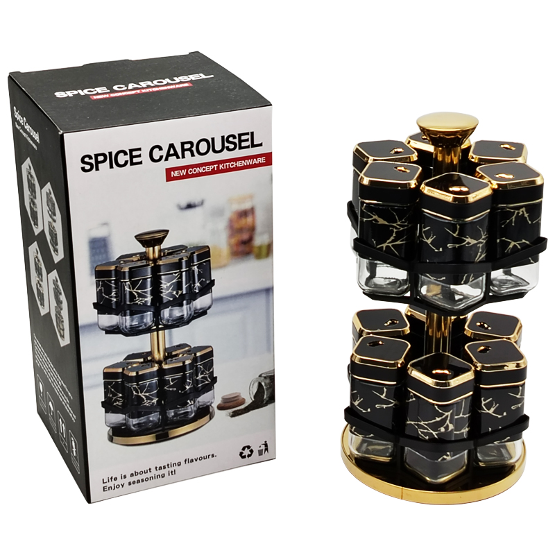 SET 12 POT EPICE VERRE AVEC SUPPORT 32X16 CM COULEURS MIX NOIR / BLANC