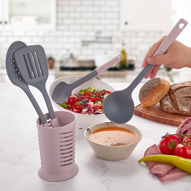 SET 5 PIECES (2 CUILLERES + 1 SPATULE + 1 LOUCHE + 1 BASE) MIX ROUGE/GRIS/CREME/OR
