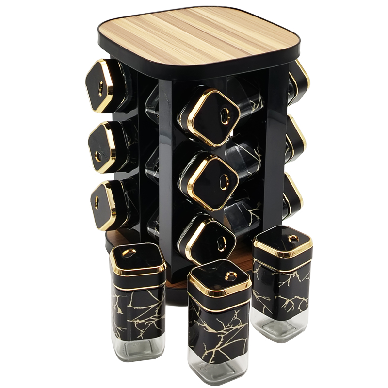 SET 12 POT EPICE VERRE AVEC SUPPORT 17X17X25 CM COULEUR NOIR