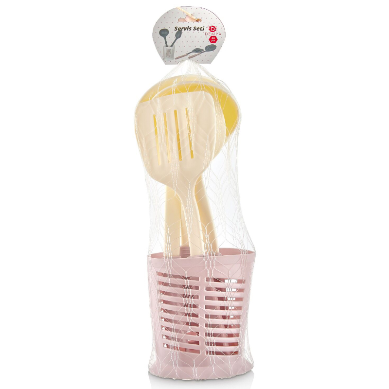 SET 5 PIECES (2 CUILLERES + 1 SPATULE + 1 LOUCHE + 1 BASE) MIX ROUGE/GRIS/CREME/OR