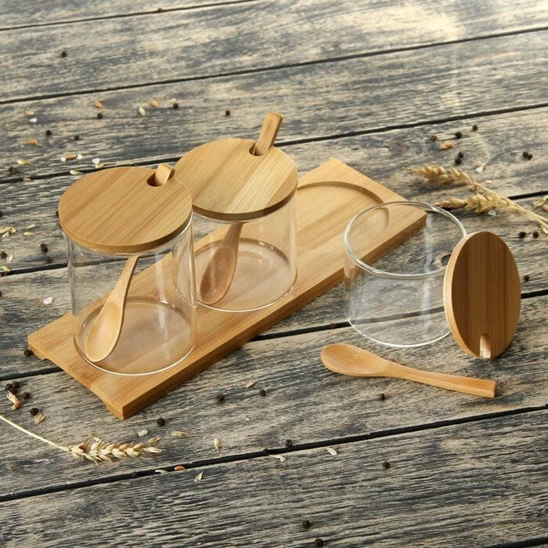 SET 3 POTS EPICES AVEC CUILLERES BOIS + SUPPORT BOIS 28.5X9.5 CM / 8X8.5 CM