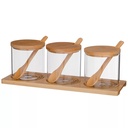 SET 3 POTS EPICES AVEC CUILLERES BOIS + SUPPORT BOIS 28.5X9.5 CM / 8X8.5 CM