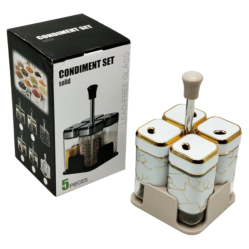 SET POTS A EPICES 4 PIECES + SUPPORT 18X10 CM COULEUR MIX NOIR / BLANC