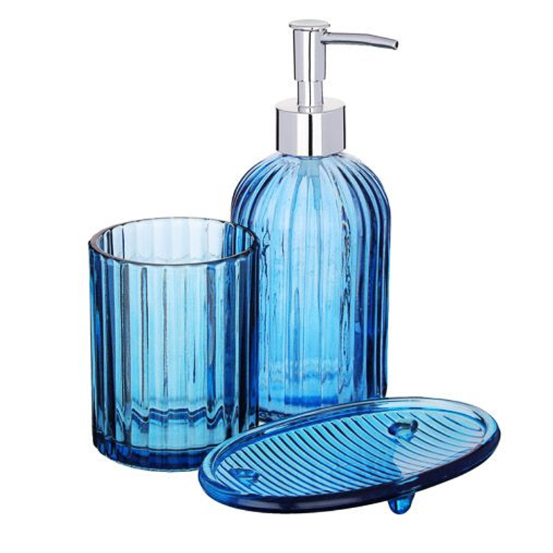 Set salle de bain 3 pièces en verre couleur bleu