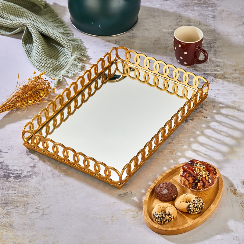 PLATEAU DECO PLASTIQUE ET MIRROIR 32X20 CM MODELE OR