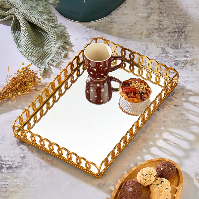PLATEAU DECO PLASTIQUE ET MIRROIR 32X20 CM MODELE OR