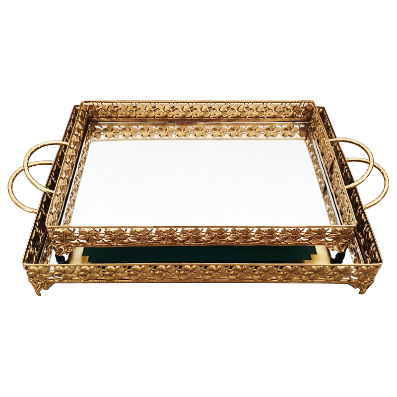 SET 2 PLATEAUX DECO METAL RECTANGULAIRE 37*25 &amp; 43*32 CM MODELE OR