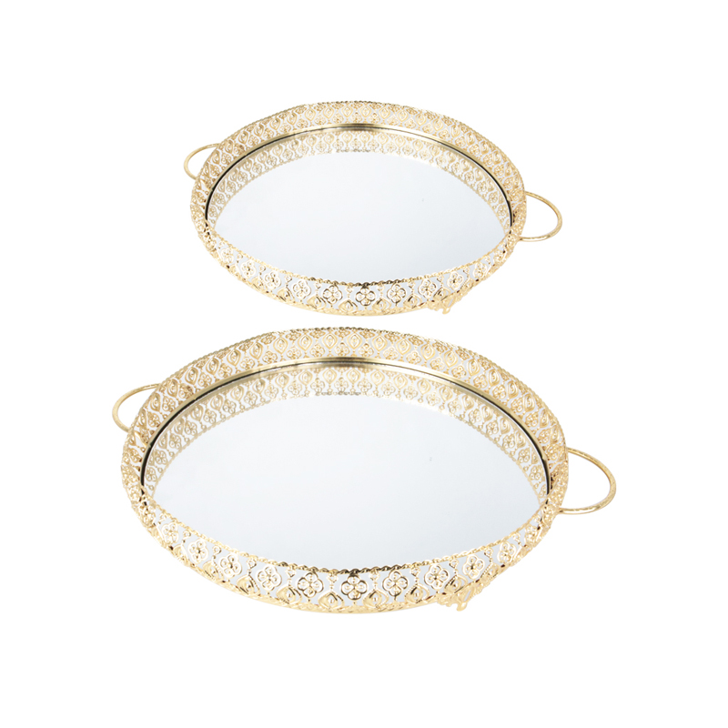 SET 2 PLATEAUX DECO METAL ROND 30 &amp; 35 CM MODELE OR