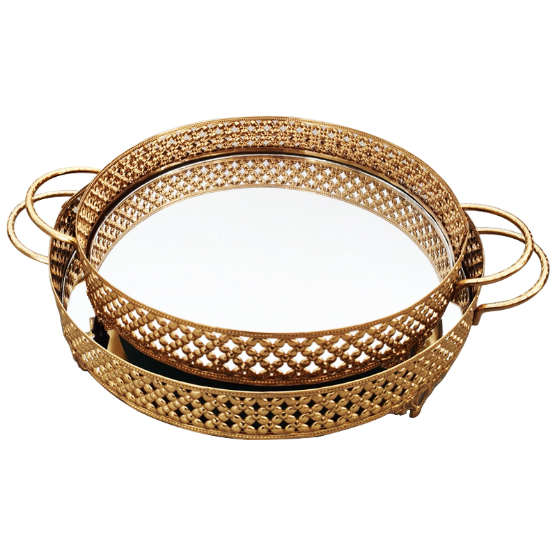 SET 2 PLATEAUX DECO METAL ROND 35 &amp; 40 CM MODELE OR