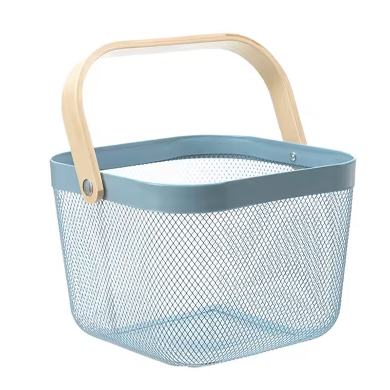 Panier de rangement métal avec poignée bois 24x24x18 cm Mix couleur blanc / noir / bleu