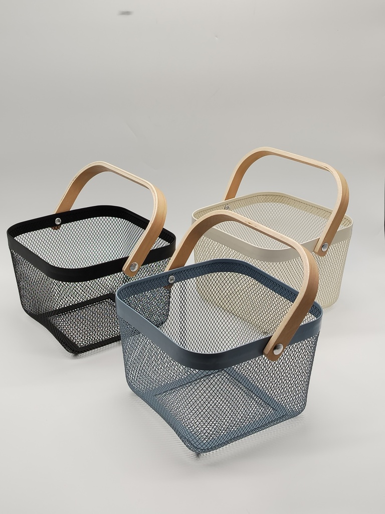 Panier de rangement métal avec poignée bois 21x21x17 cm Mix couleur blanc / noir / bleu