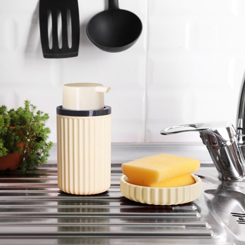 SET 2 PIECES DISPENSEUR SAVON + PORTE SAVON MIX GRIS/ROUGE/ROSE/BEIGE