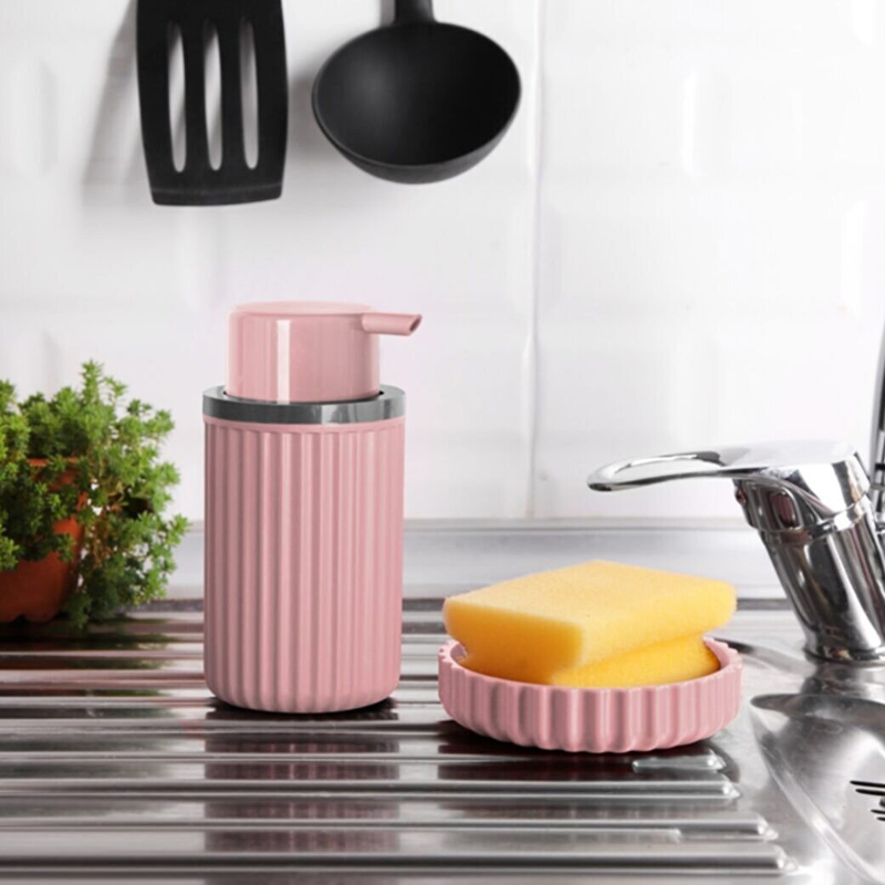 SET 2 PIECES DISPENSEUR SAVON + PORTE SAVON MIX GRIS/ROUGE/ROSE/BEIGE