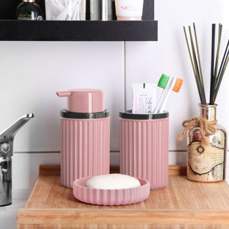SET 3 PIECES DISPENSEUR SAVON + PORTE SAVON + GOBELET MIX GRIS/ROUGE/ROSE/BEIGE