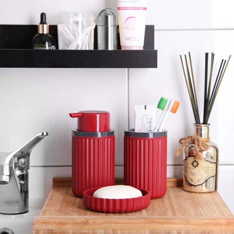 SET 3 PIECES DISPENSEUR SAVON + PORTE SAVON + GOBELET MIX GRIS/ROUGE/ROSE/BEIGE