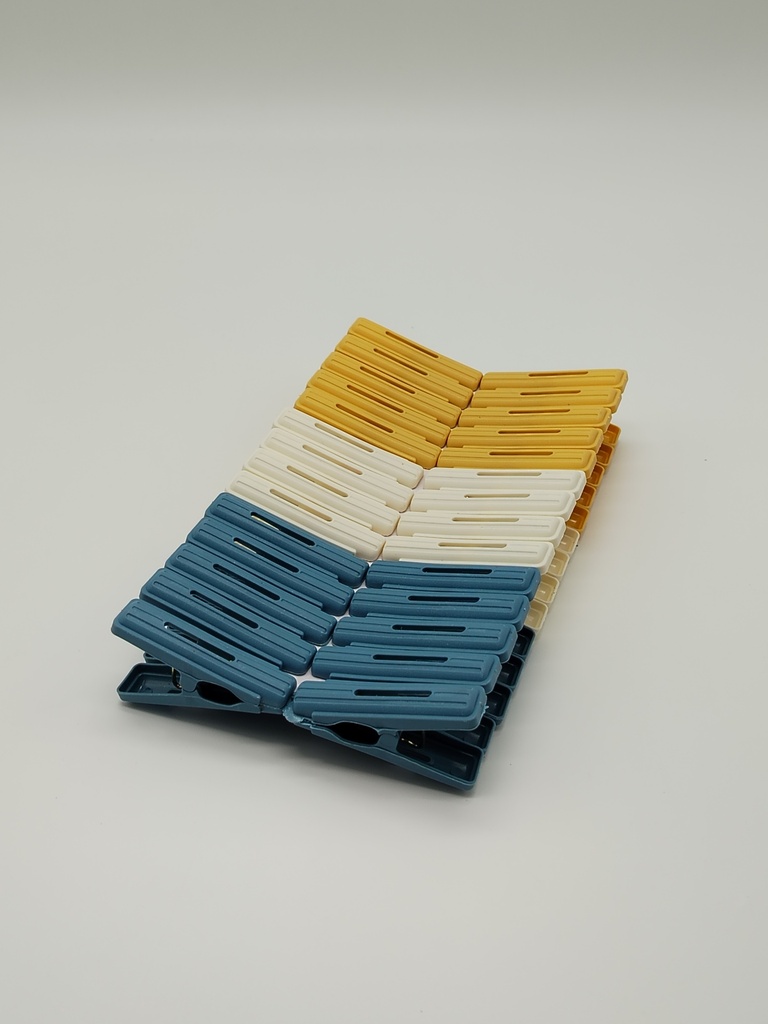 Pince à linge 28 pièces plastique couleurs bleu / blanc / jaune