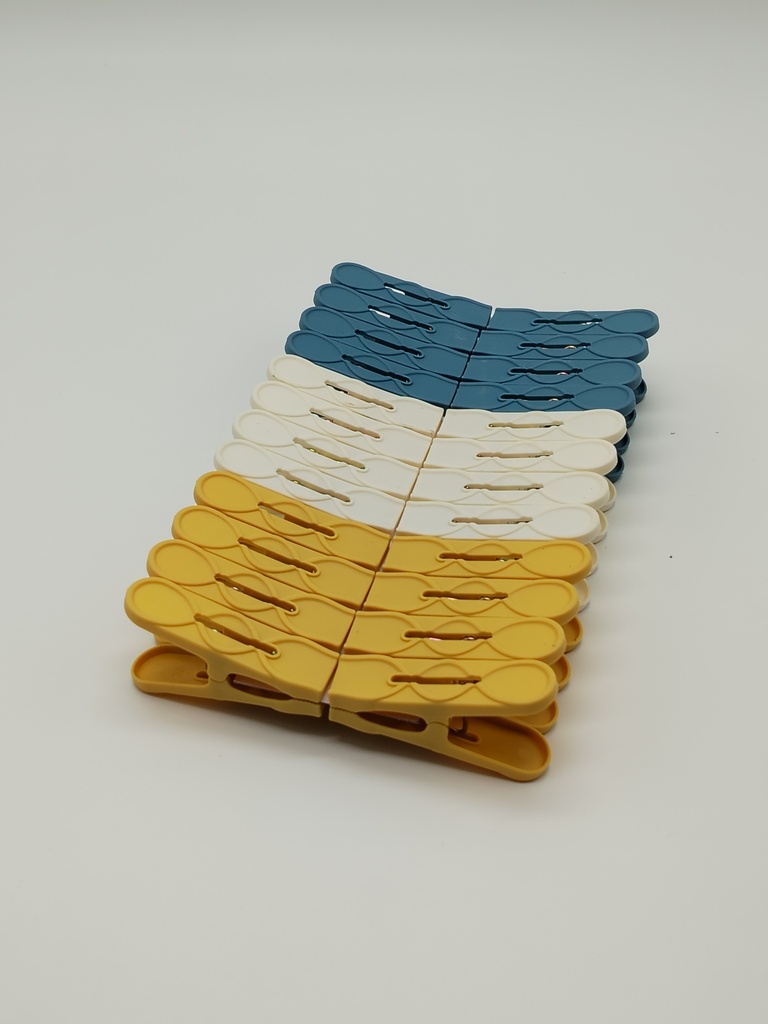 Pince à linge 24 pièces plastique couleurs bleu / blanc / jaune