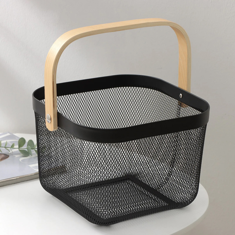 Panier de rangement métal avec poignée bois 21x21x17 cm Mix couleur blanc / noir / bleu