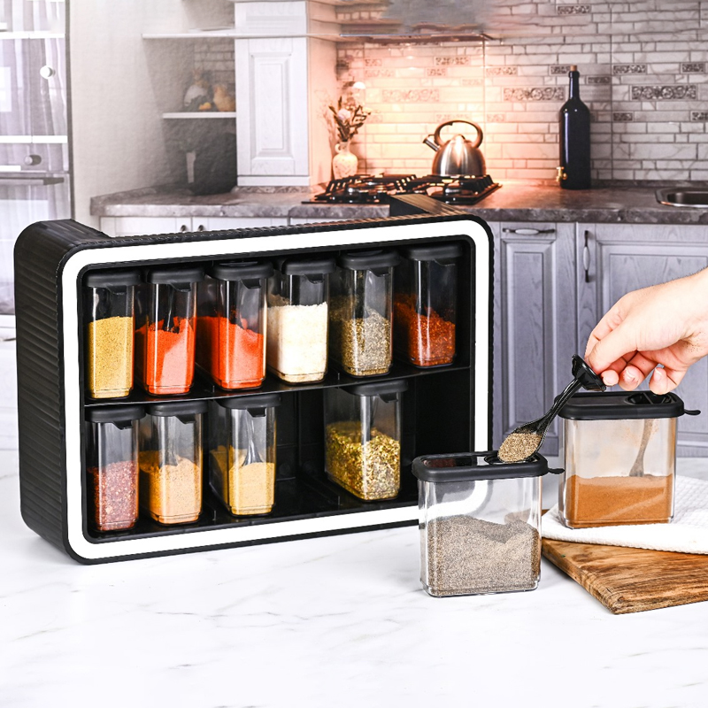 SET 12 PIECES RANGE EPICES AVEC SUPPORT COULEURS GRIS / NOIR