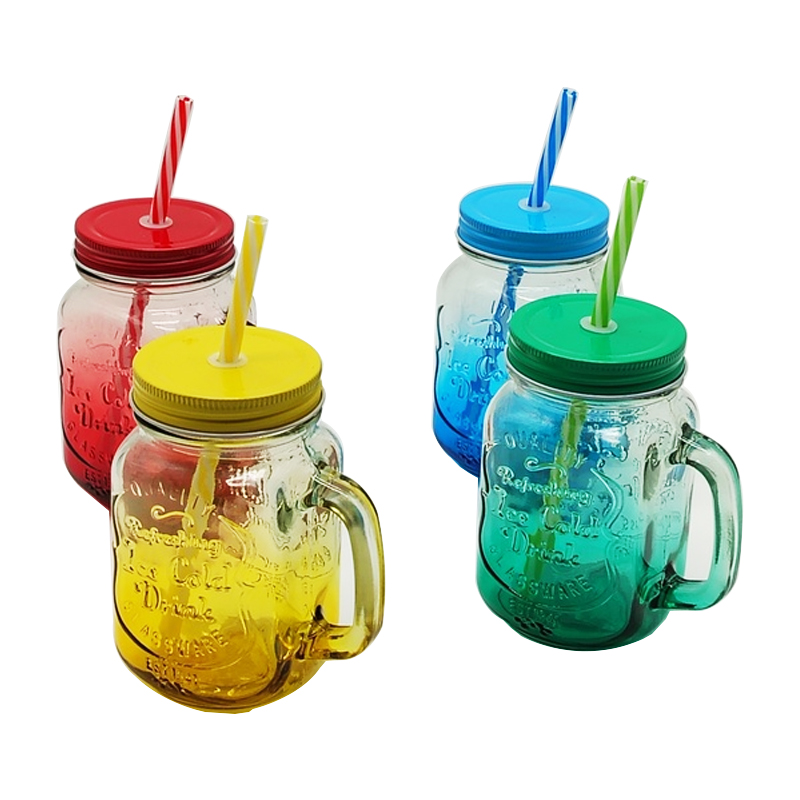 Verre avec couvercle + paille couvercle en métal 500 ML couleurs mix Bleu / Rouge / Vert / Jaune