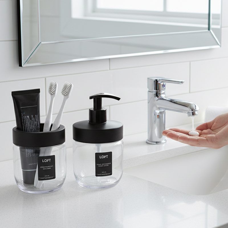 SET 2 PIECES DISTRIBUTEUR SAVON + PORTE BROSSES A DENT EN VERRE MIX BLANC / NOIR