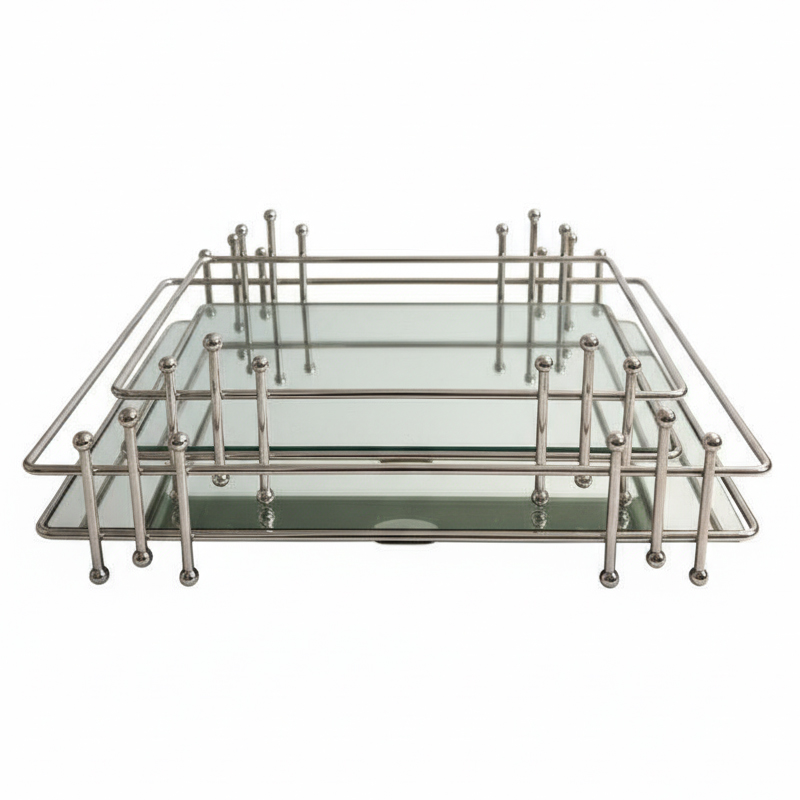 SET 2 PLATEAUX DECO METAL 17X28 + 22X33 CM MODELE ARGENT