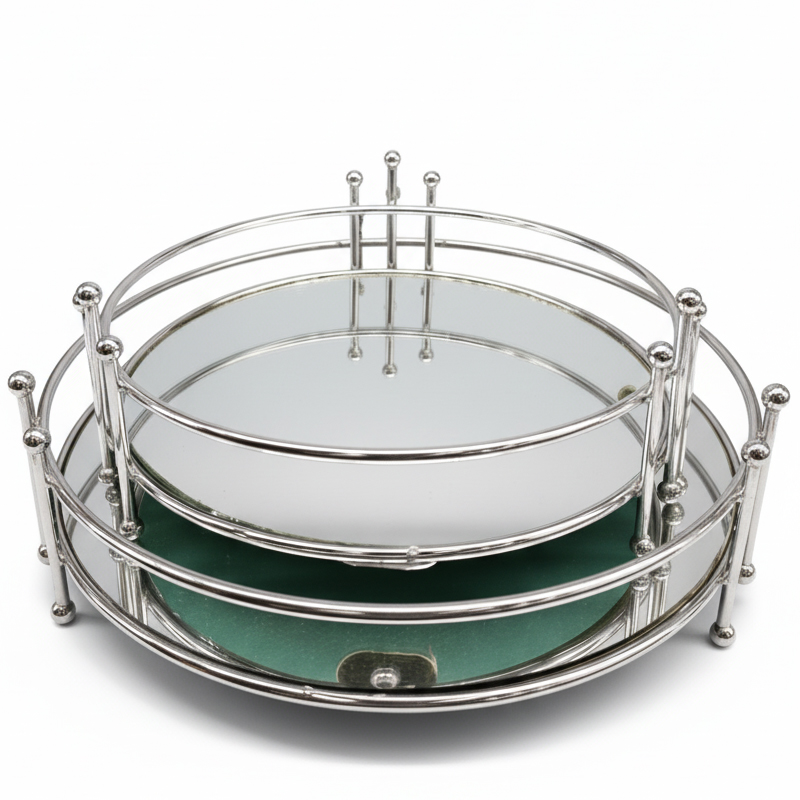 SET 2 PLATEAUX DECO METAL 25 &amp; 30 CM MODELE ARGENT