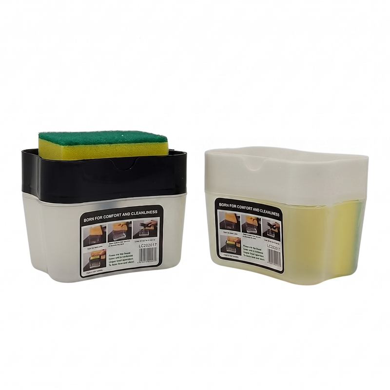 DISTRIBUTEUR LIQUIDE VAISSELLE AVEC EPONGE MIX BLANC/NOIR