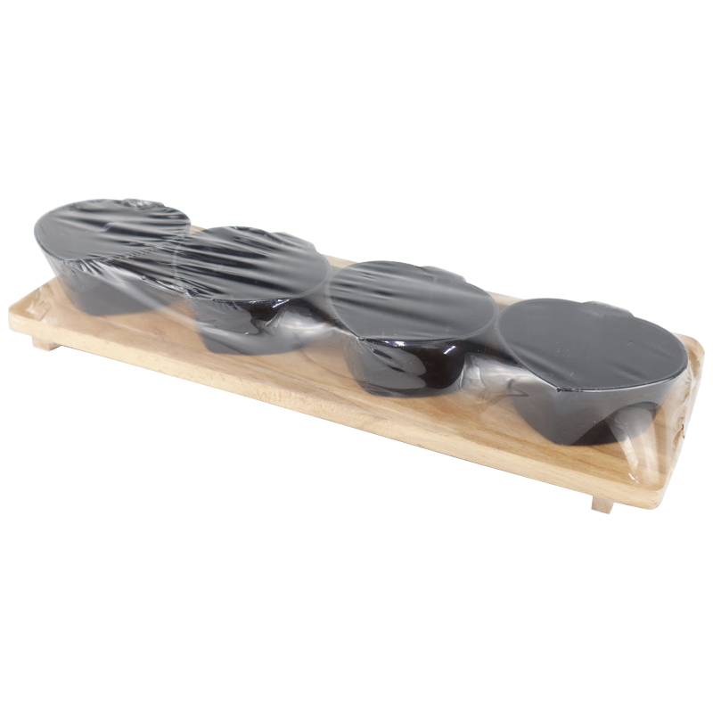 SET 4 PIECES CERAMIQUE (9cm) + SUPPORT BOIS 34x9x5 CM MIX BLANC/NOIR