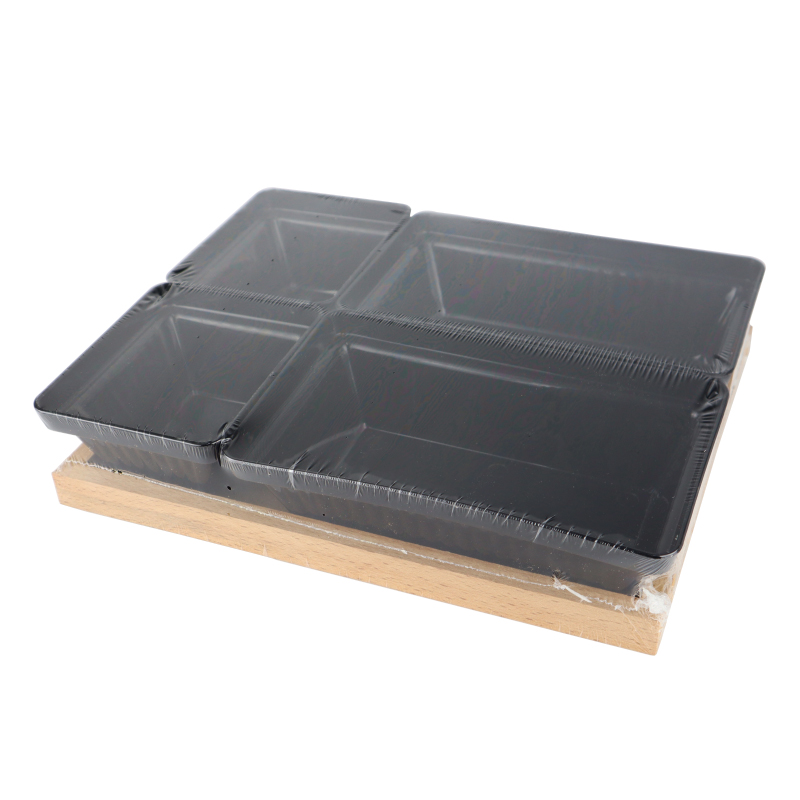 SET CERAMIQUE 4 COMPARTIMENTS (2x 10X8X4.5 CM / 2x 16X10X4.5 CM) + SUPPORT 24X19X5 CM MIX BLANC/NOIR