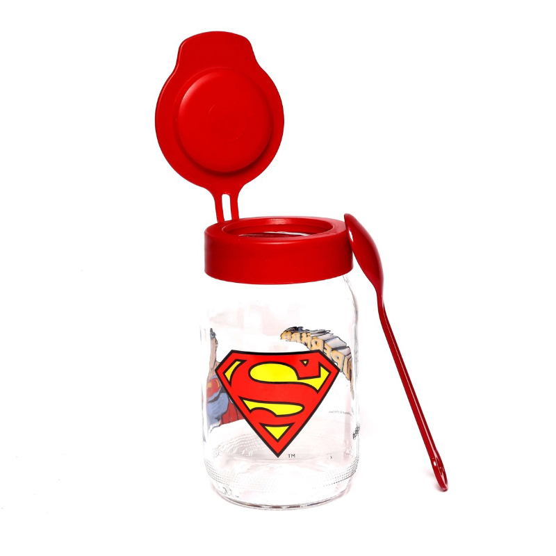BOUTEILLE ENFANT EN VERRE AVEC CUILLERE 370 CC MIX BATMAN/SUPERMAN