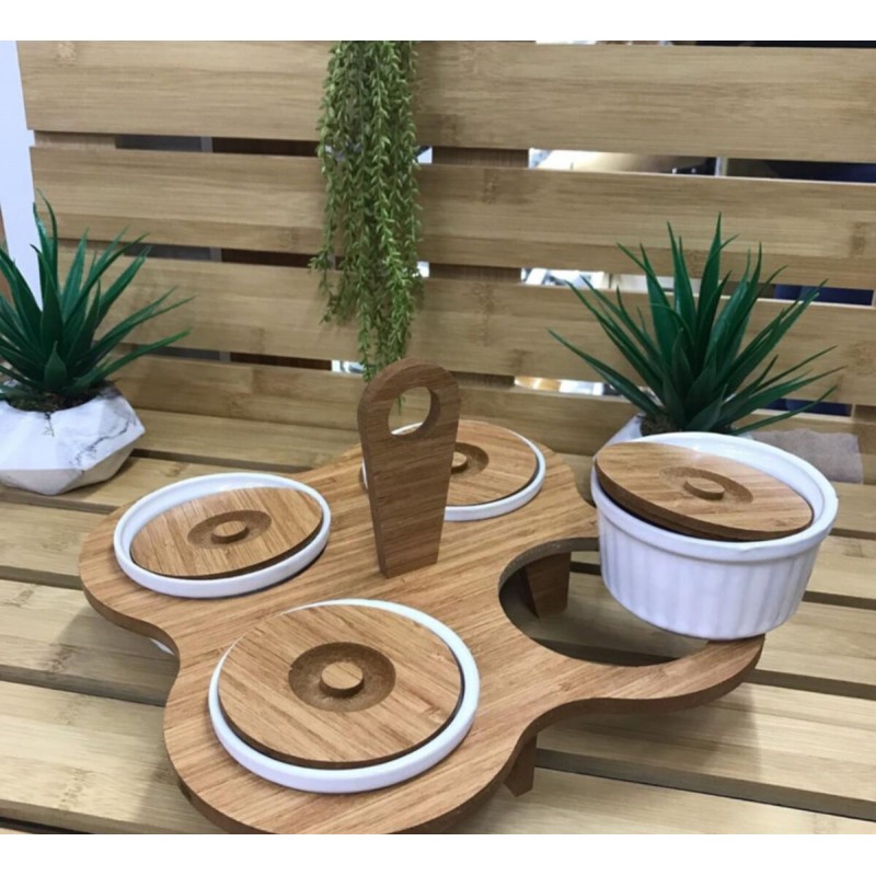 SET PLATEAU CERAMIQUE/BOIS 4 PIECES