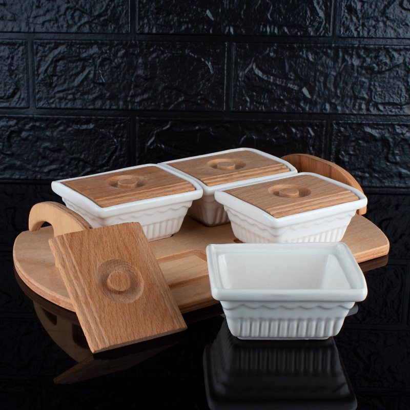 SET PLATEAU CERAMIQUE/BOIS 4 PIECES 33X20X6 CM