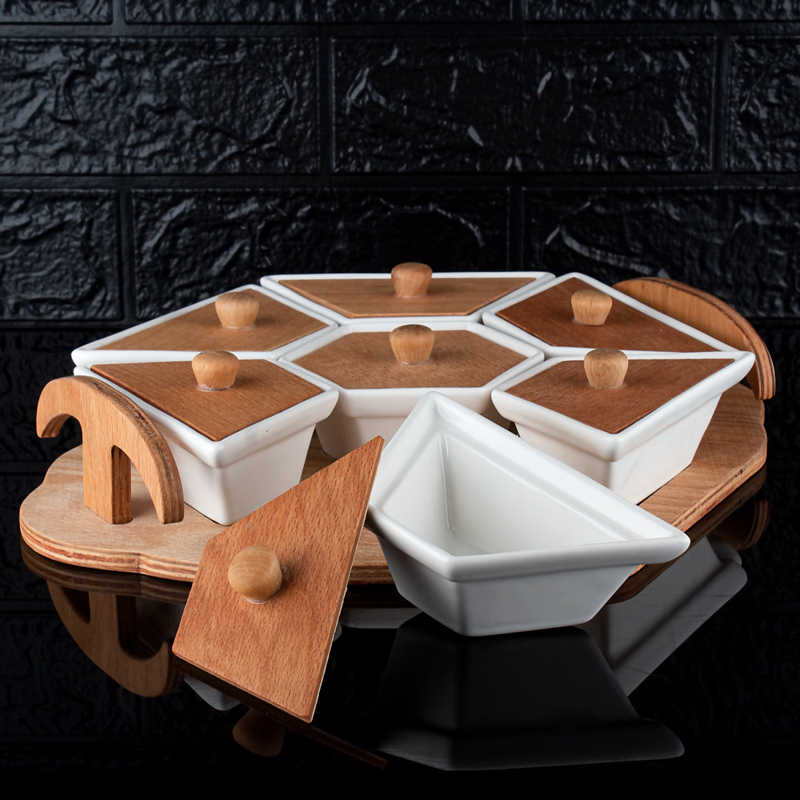 SET PETIT DEJEUNER BOIS CERAMIQUE 7 COMPARTIMENTS 30X30 CM