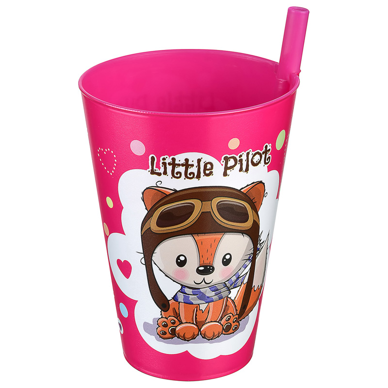 GOBELET PLASTIQUE 400 CC AVEC PIPETTE MIX 4 DESIGNS