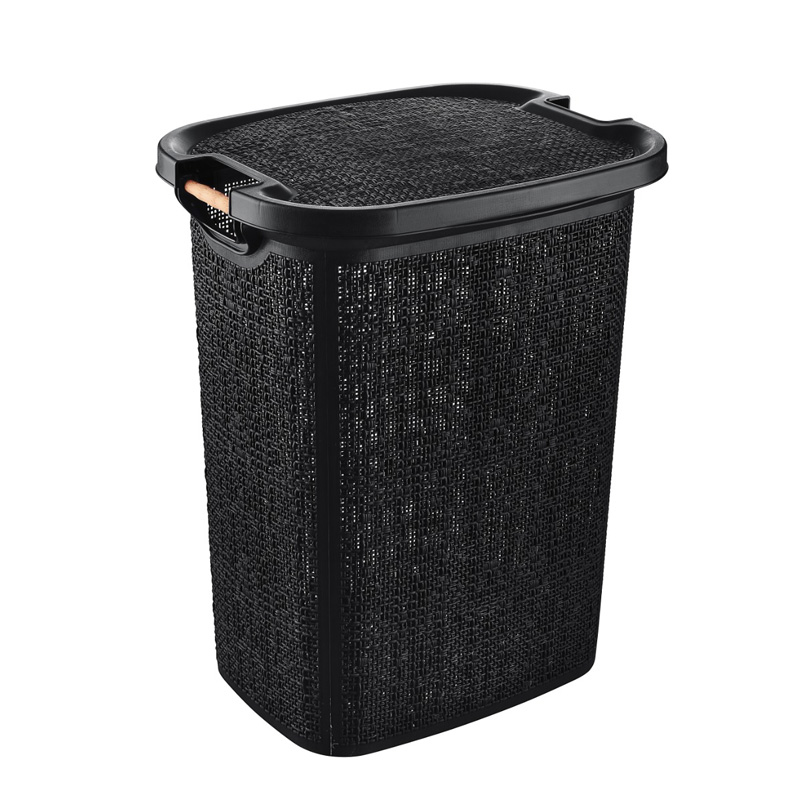 BAC A LINGE 60 LITRES AVEC MANCHE EN BOIS COULEUR CREME-NOIR-BLANC