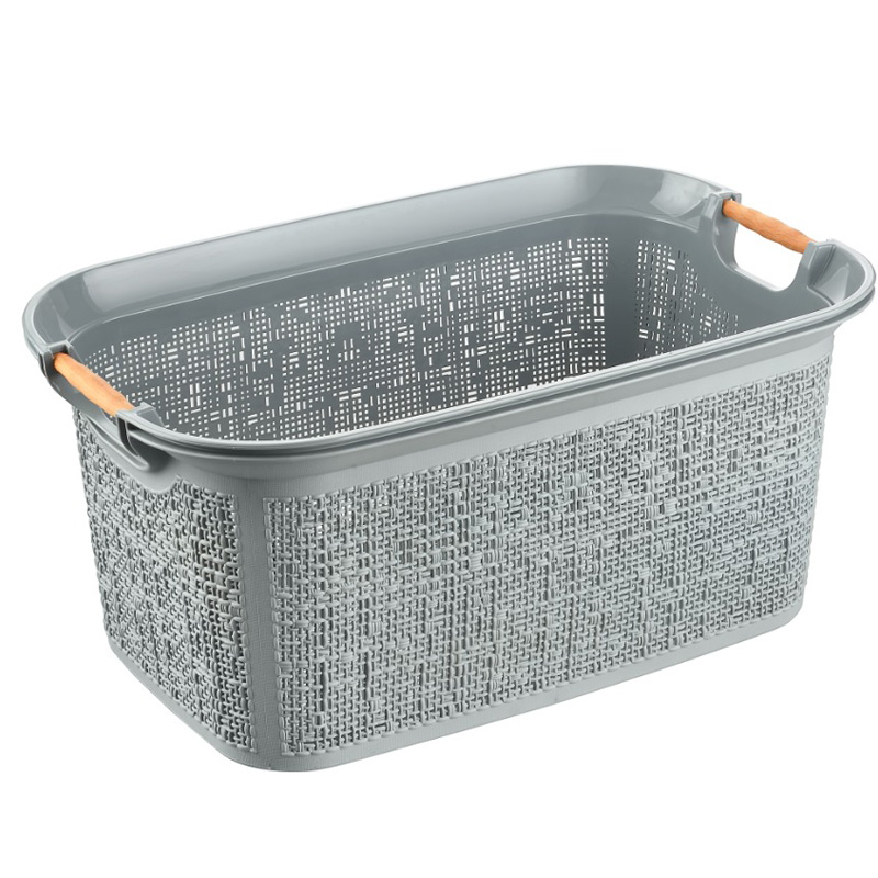 PANIER A LINGE 30 LITRES AVEC MANCHE EN BOIS COULEUR CREME-NOIR-BLANC