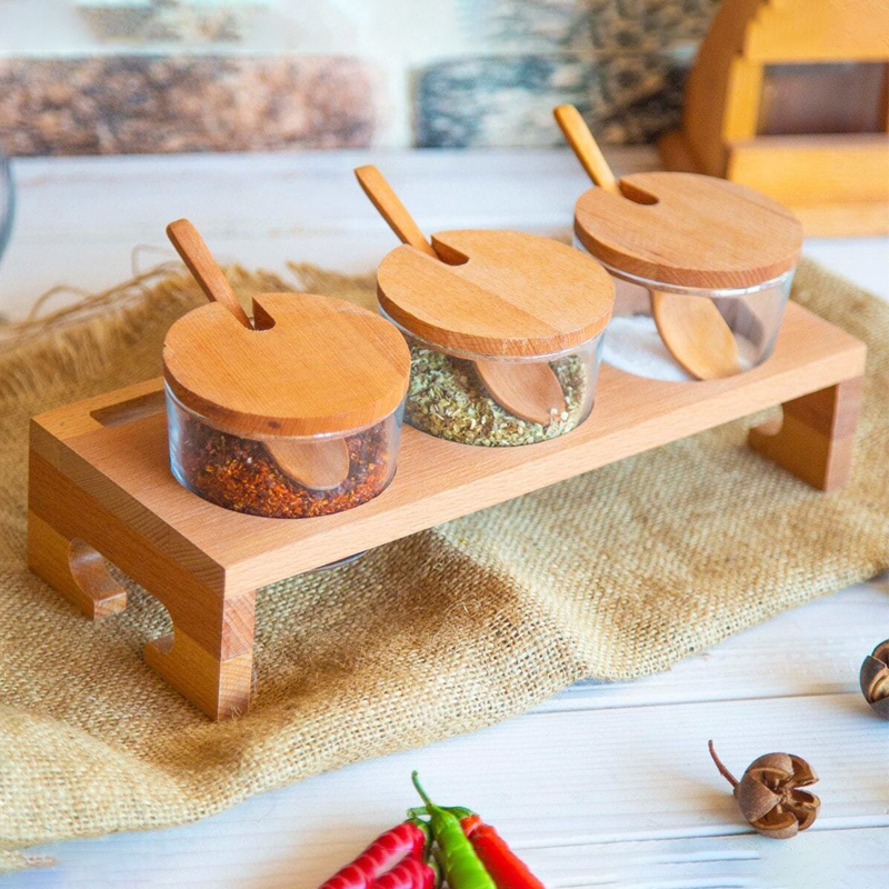 SET TRIO RANGE EPICES BOIS/VERRE - 29 X 12 X 11 CM