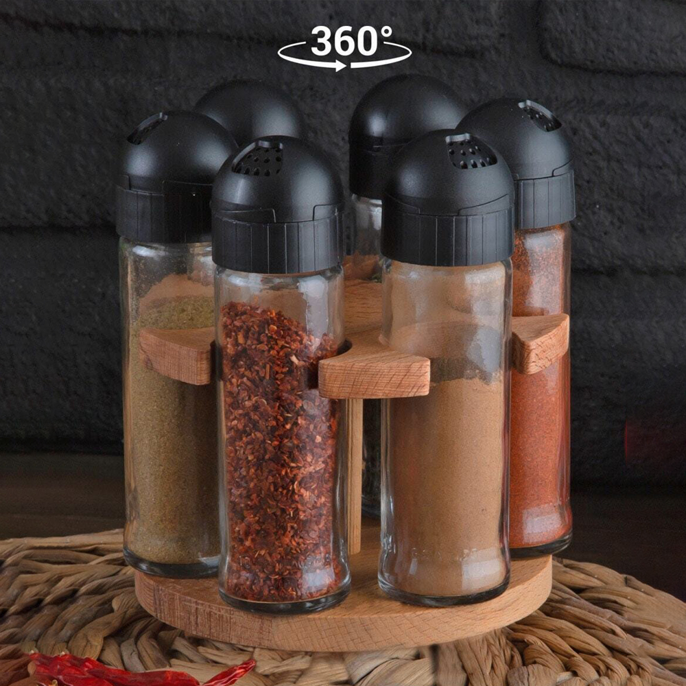 SET RANGE EPICES BOIS/VERRE ROTATIF 6 PIECES 9,5 X 14 CM