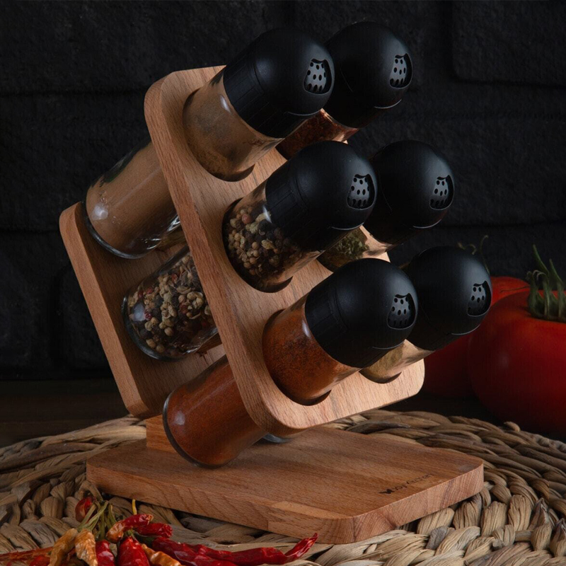 SET RANGE EPICES BOIS/VERRE 6 PIECES  20 X 11,5 X 16 CM