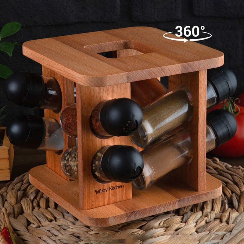 SET RANGE EPICES BOIS/VERRE 8 PIECES ROTATIF 19,5 X 19 X