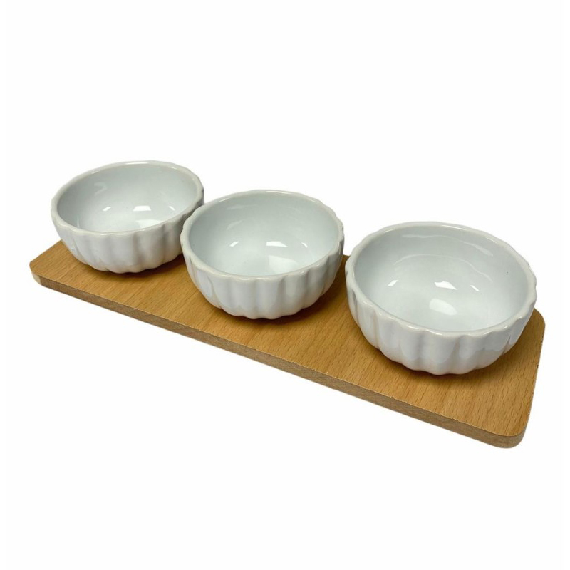 SET 4 PIECES (3 BOLS CERAMIQUE ET PLATEAU BOIS)