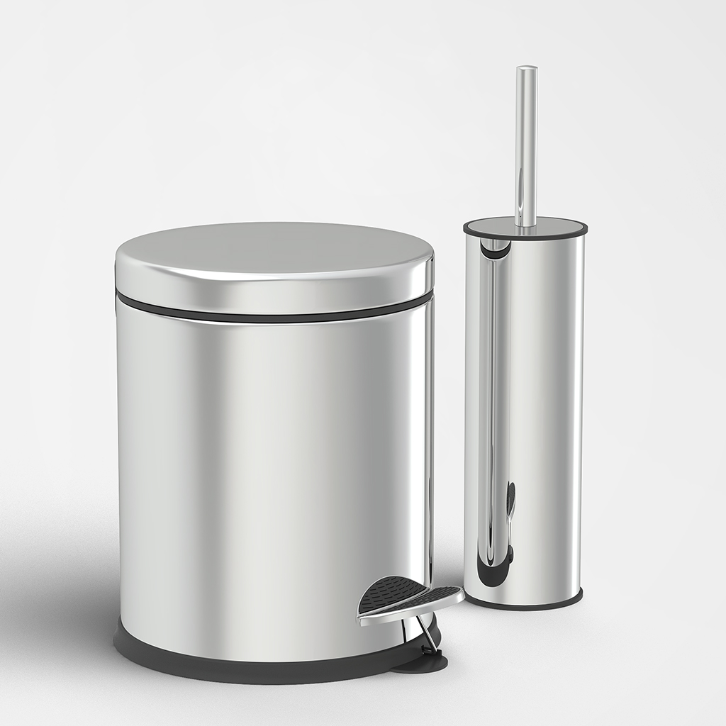 SET SDB 2 PIECES CHROME, POUBELLE 5 LITRES + BROSSE WC