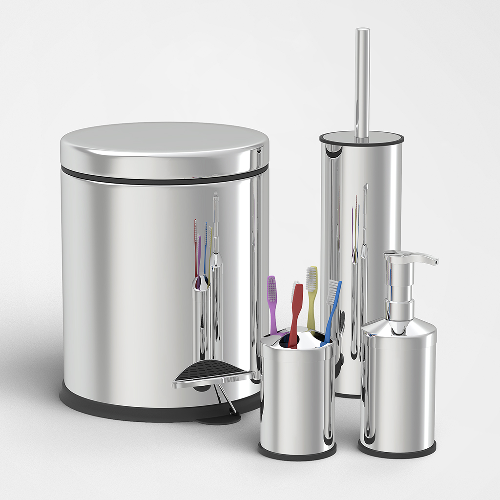 SET SDB CHROME 4 PIECES: POUBELLE 3 LITRES, BROSSE WV, PORTE BROSSE A DENT, DISTRIBUTEUR SAVON