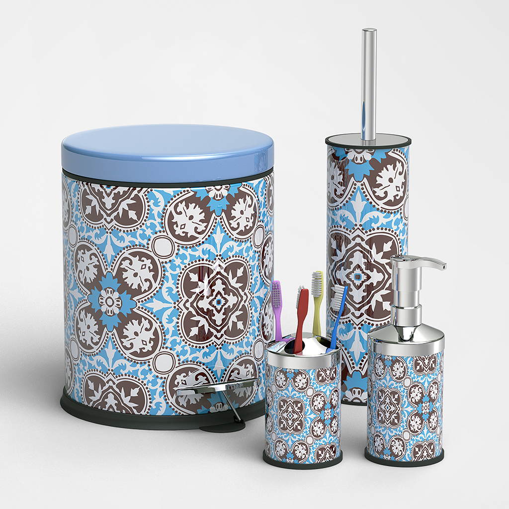 SET SDB MOTIF DESIGN 4 PIECES: POUBELLE 3 LITRES, BROSSE WV, PORTE BROSSE A DENT, DISTRIBUTEUR SAVON
