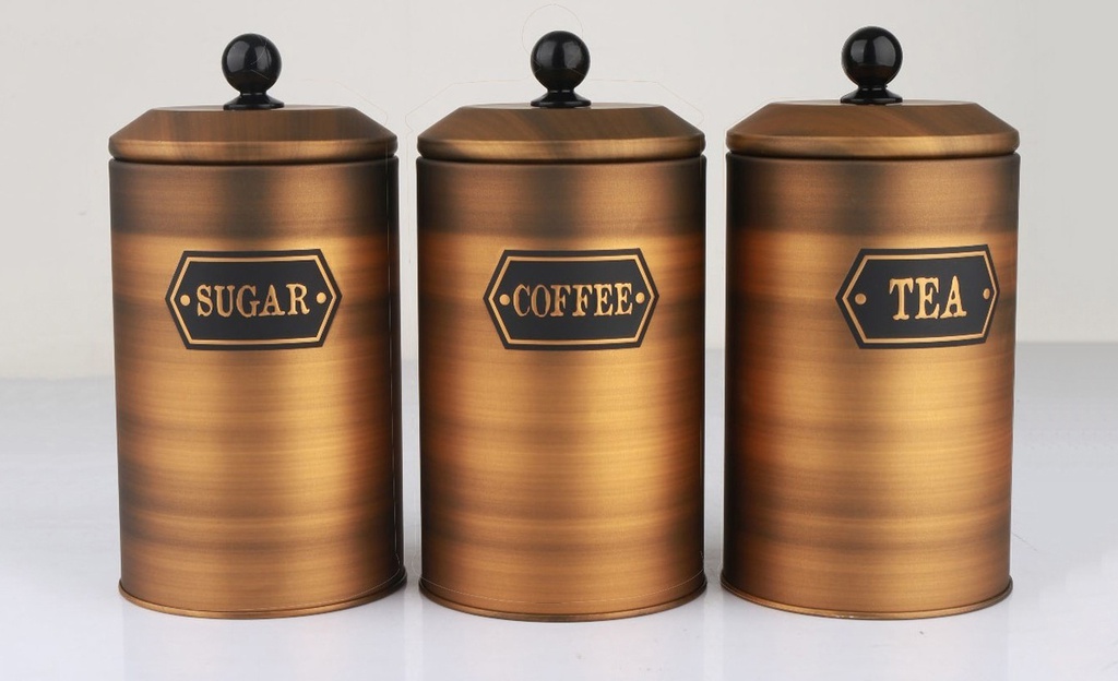 SET 3 BOITES RONDE METAL DESIGN TEA-COFEE-SUGAR