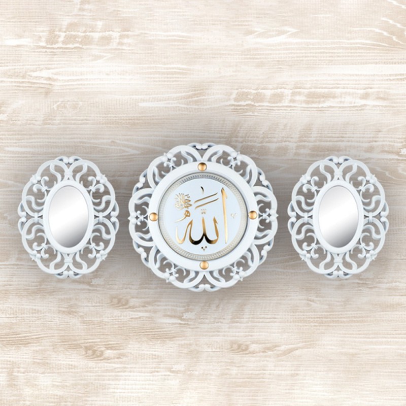SET 3 PIECES HORLOGE MURALE DECORATIVE + MIROIR 36 CM &amp; 2 X 17 CM MIX BLANC/OR/GRIS